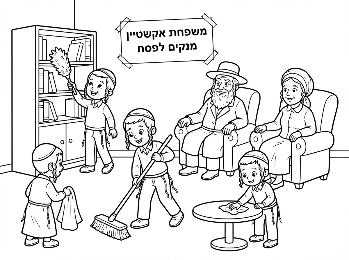 תכין לי תמונה שילדים בלבוש חסידי עוזרים לנקות את הבית של סבא וסבתא של משפחת אקשטיין לפסח