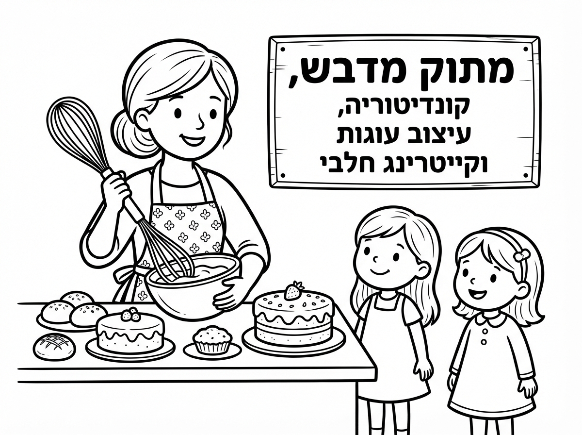 היי, אני רוצה בבקשה שתיצור לי ציור על אישה שנמצאת במטבח ואופה ויש לה מטרפה ביד, ועוגות לידה ולחמניות וילדים בצד עומדים ומסתכלים, שתי ילדות שעומדות ומסתכלות. מאחורה רשום מתוק מדבש, קונדיטוריה, עיצוב עוגות וקייטרינג חלבי.
