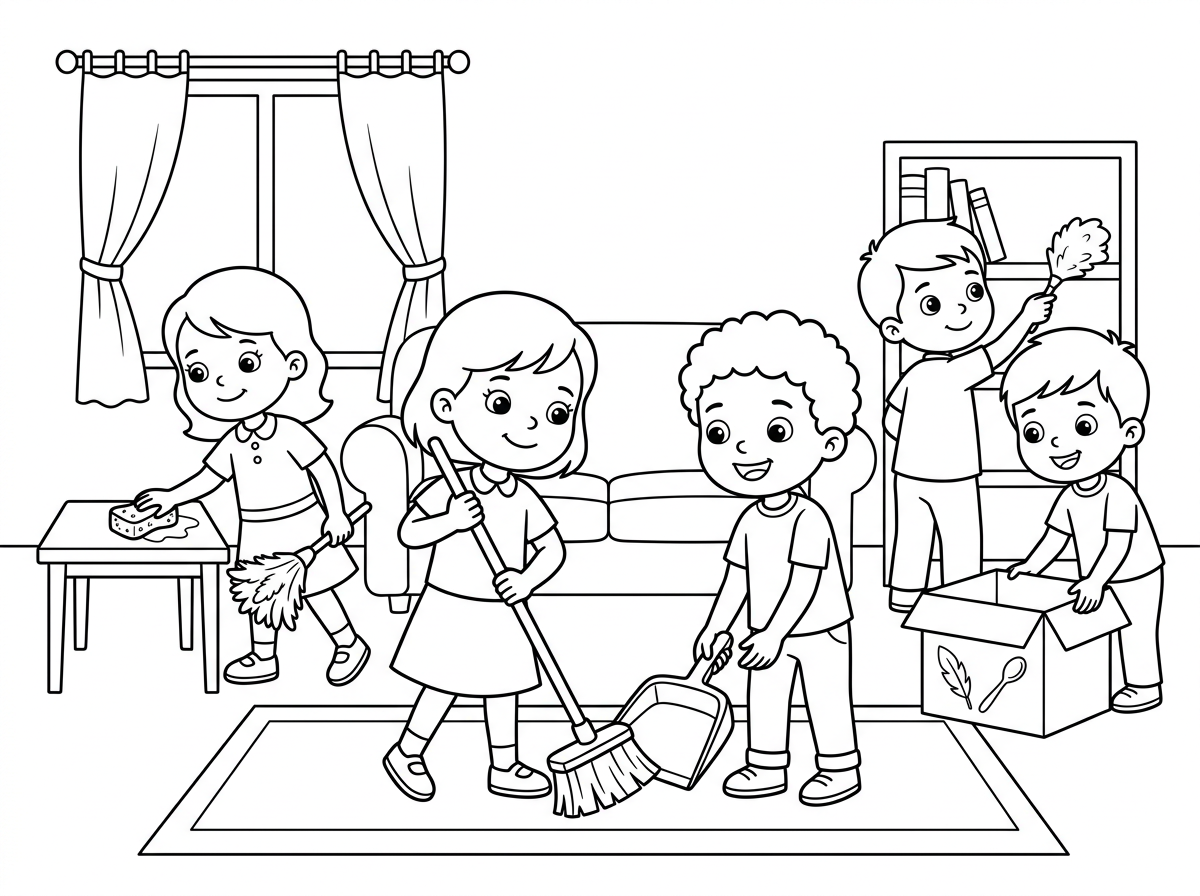 היי אפשר דף צביעה של ילדים מנקים את הבית לפסח