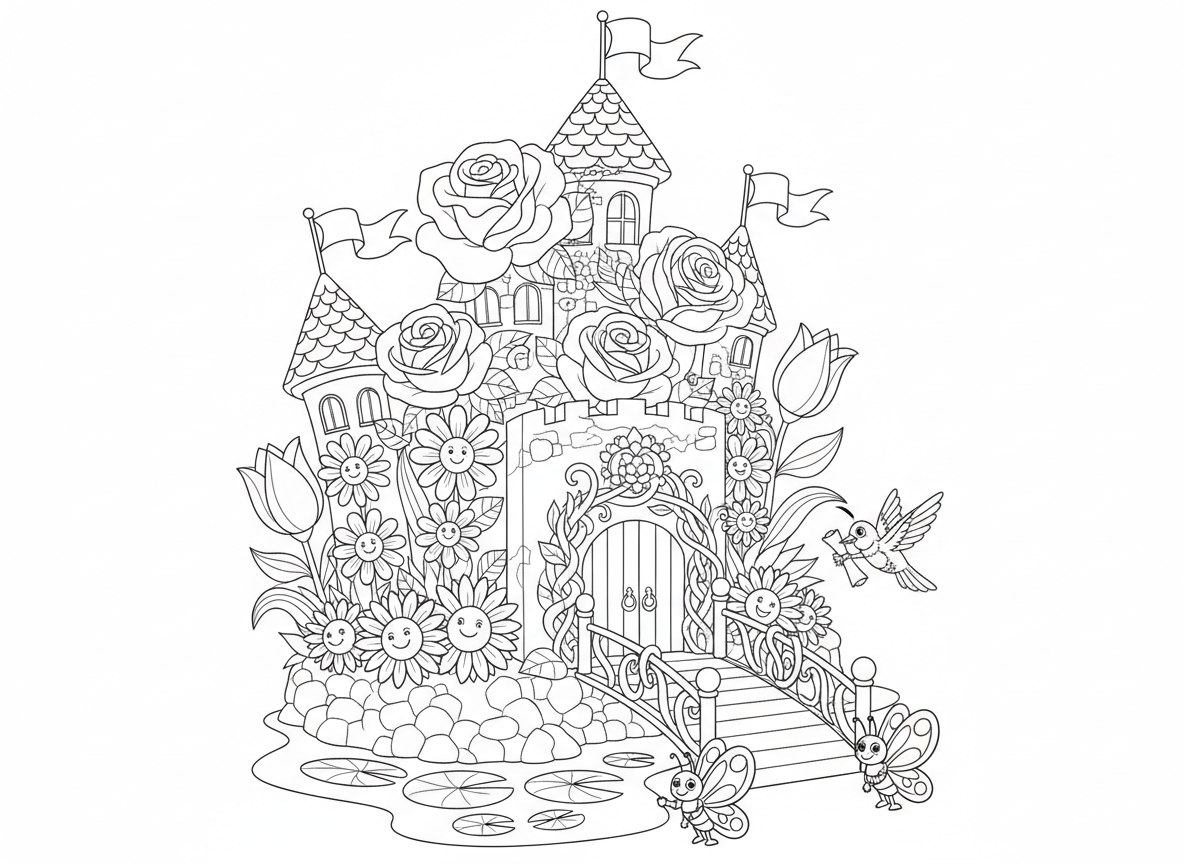 טירת פרחים עם מגדלי עלי כותרת - טירה מפוארת עשויה כולה מפרחים, מגדלי ורדים, גשר חמניות, חומות חינניות, צריחי צבעונים, שערי גפנים, חפיר שושנים, דגלי עלי כותרת, פרפרי שמירה, יונק דבש שליח