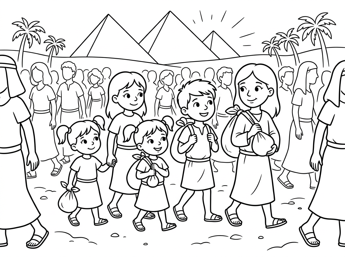 תצייר לי 2 בנות בגיל3 ילד בן 6 וילדה בת 8 שהם נמצאים ביציאת מצרים