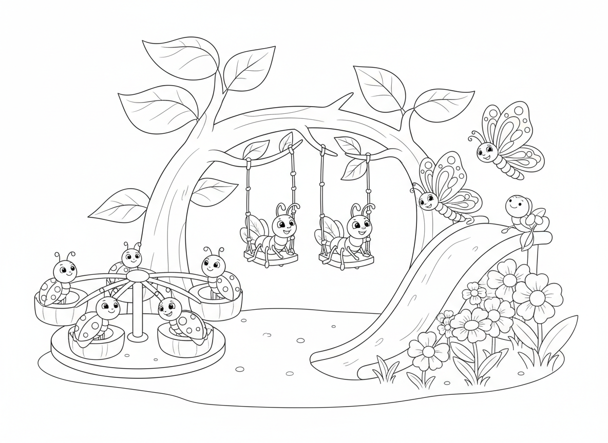 גן שעשועים של חרקים
נמלים על נדנדות, פרפרים במגלשה, וחיפושיות על קרוסלה עשויה מפרחים.