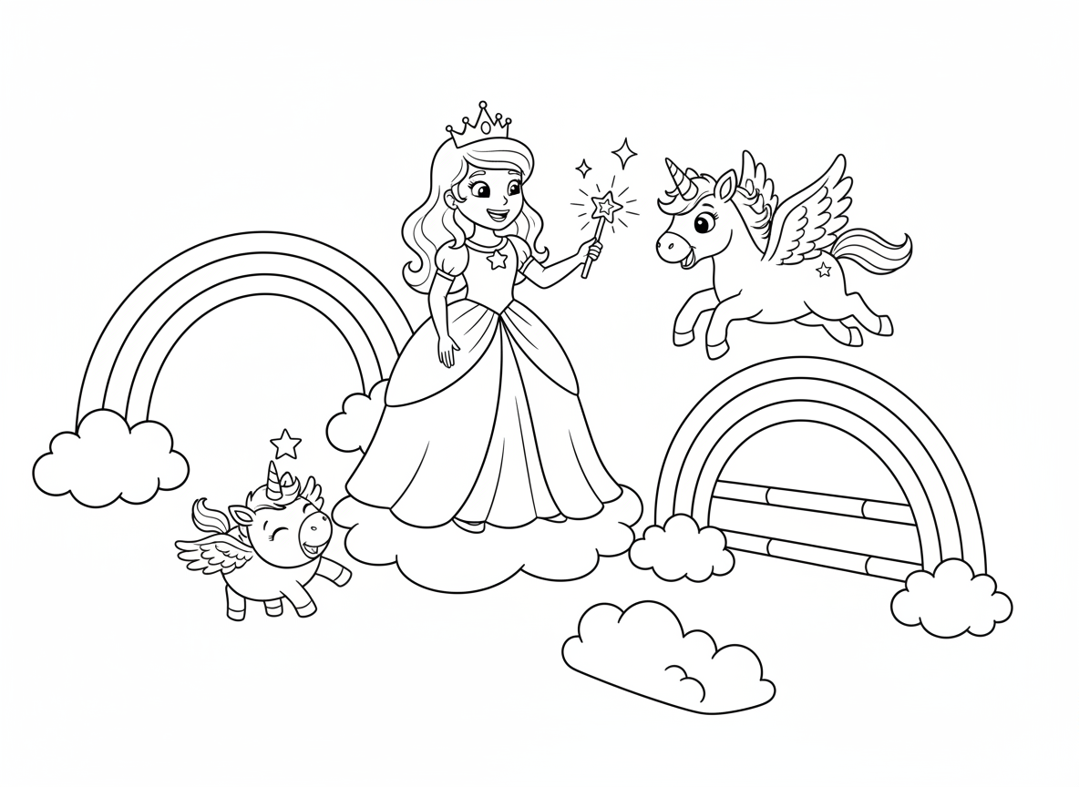 נסיכה מאמנת חד קרנים תינוקות - נסיכה בבית ספר לאימון חד קרנים מלמדת חד קרנים תינוקות לעוף, אחד נתקל, אחר קופץ מושלם, מסלול מכשולי קשת, משוכות ענן, מדבקות כוכב כפרסים