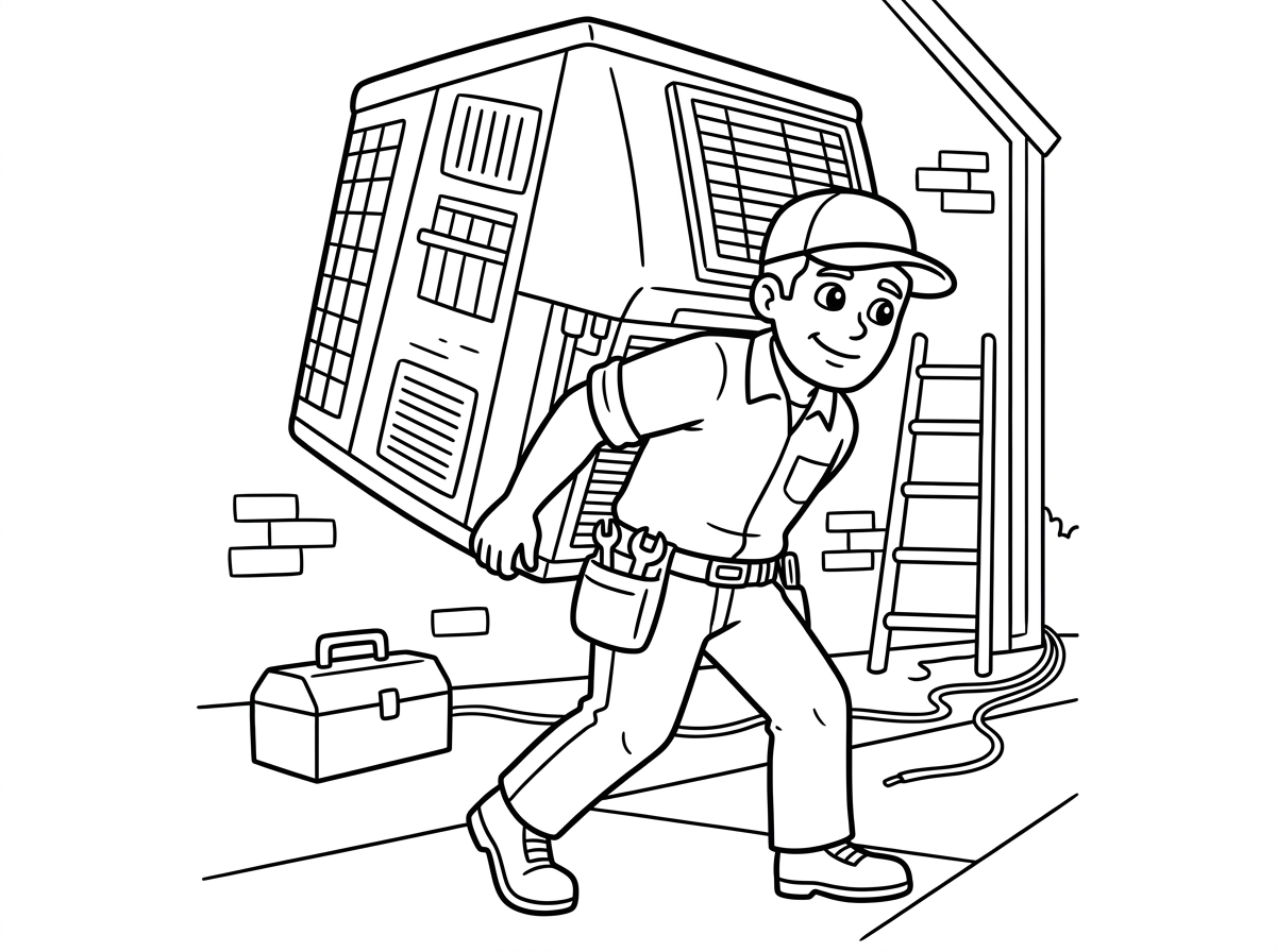 תצייר לי מתקין מזגנים שסוחב מזגן ענק ענק