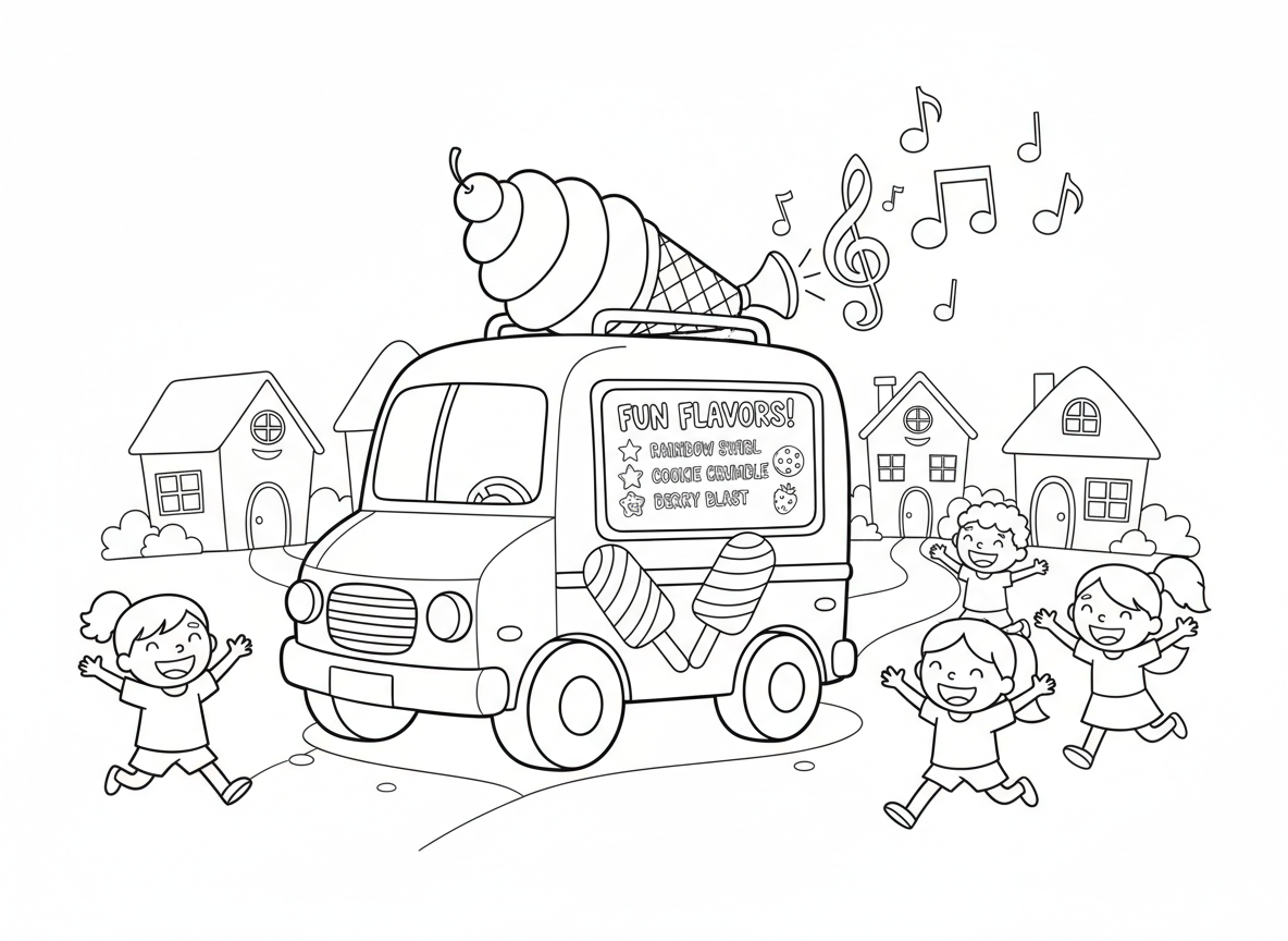 משאית גלידה בשכונה - משאית גלידה שמחה עם תווי מוזיקה יוצאים ממנה, גביע גלידה ענק על הגג, ילדים שמחים רצים אליה, תפריט טעמים מהנה בצד, קישוטי ארטיקים, בתי שכונה