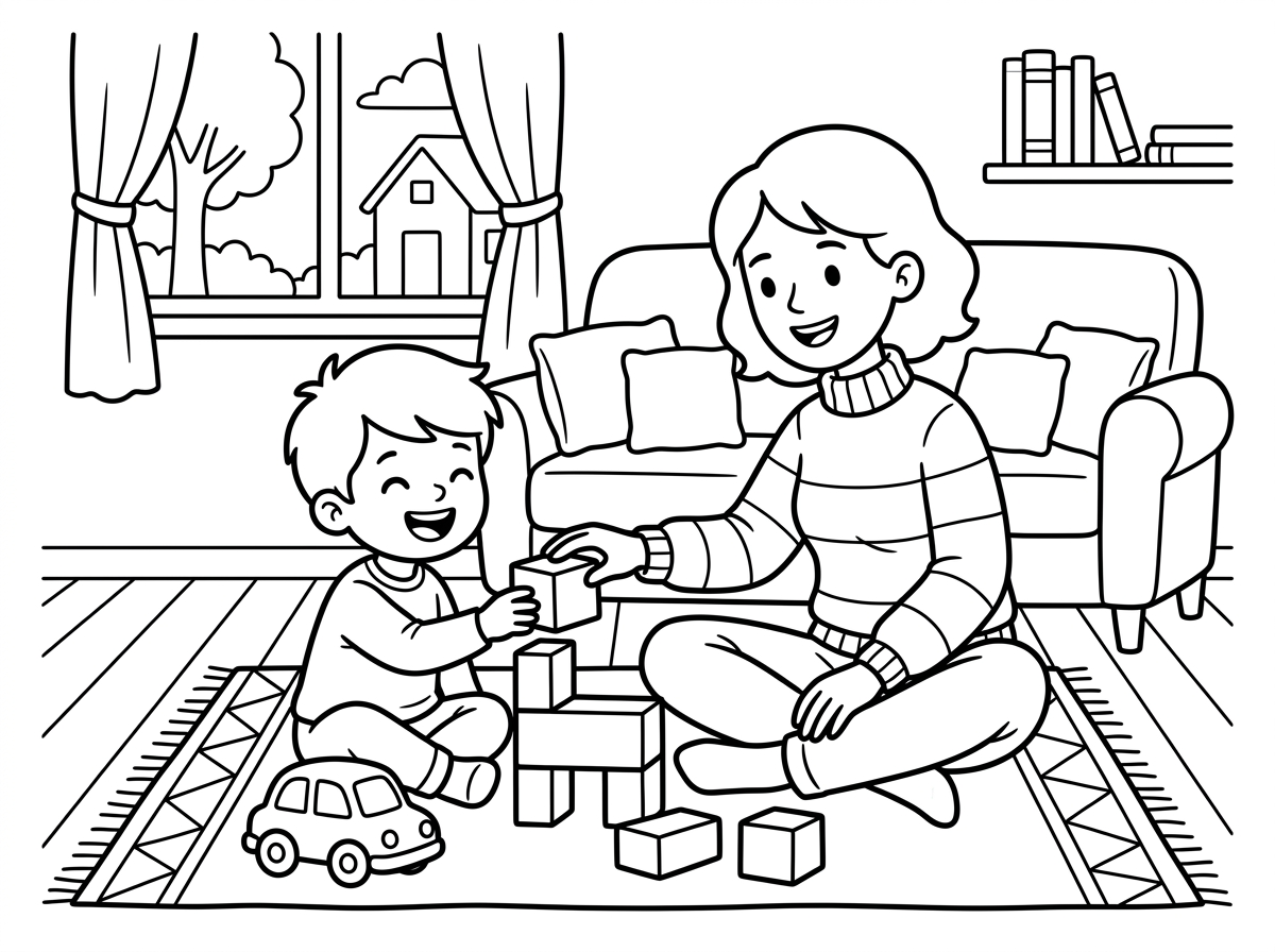 ציור של ילד משחק עם אימא בסלון