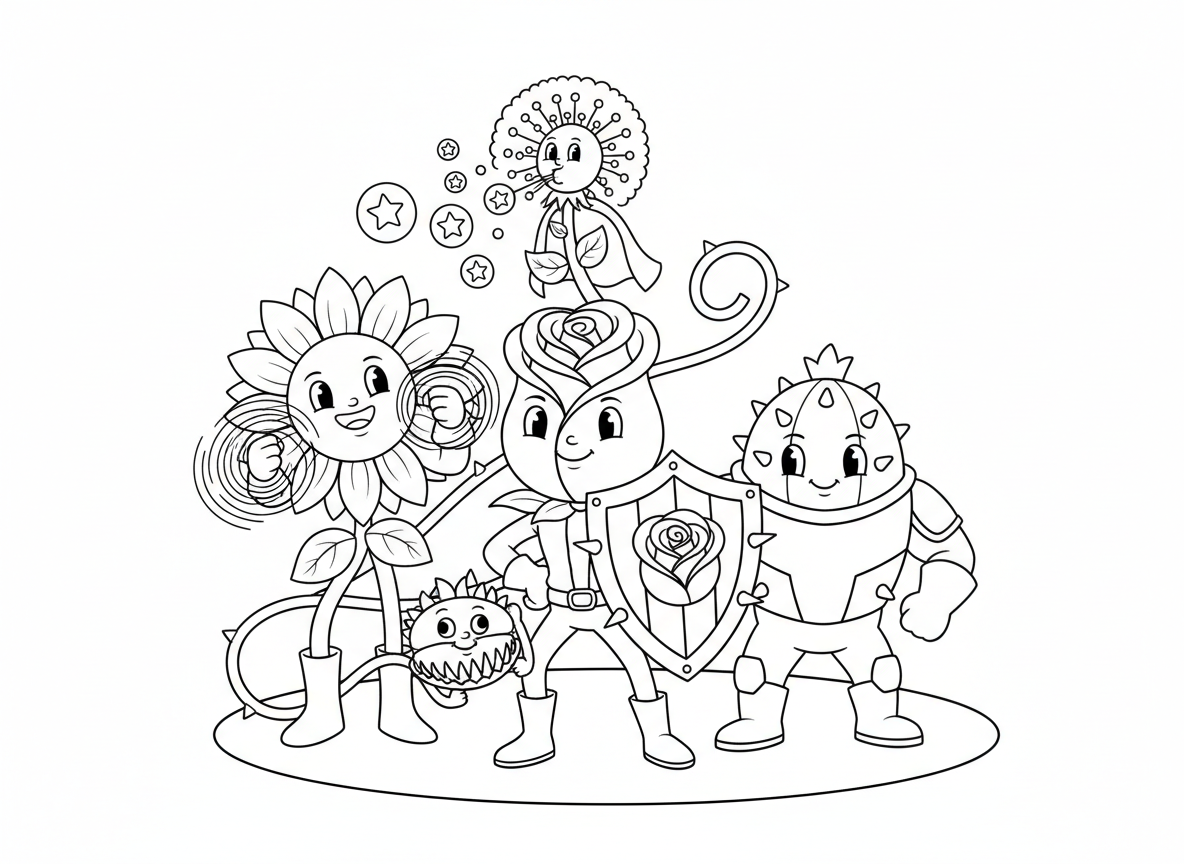 קבוצת גיבורי על פרחים - פרחים כגיבורי על, ורד עם מגן קוצים, חמנייה עם כוח קרני שמש, קקטוס עם שריון קוצים, טורפת זבובים תופסת רשעים, שן הארי מפזר זרעי צדק, לאסו גפנים