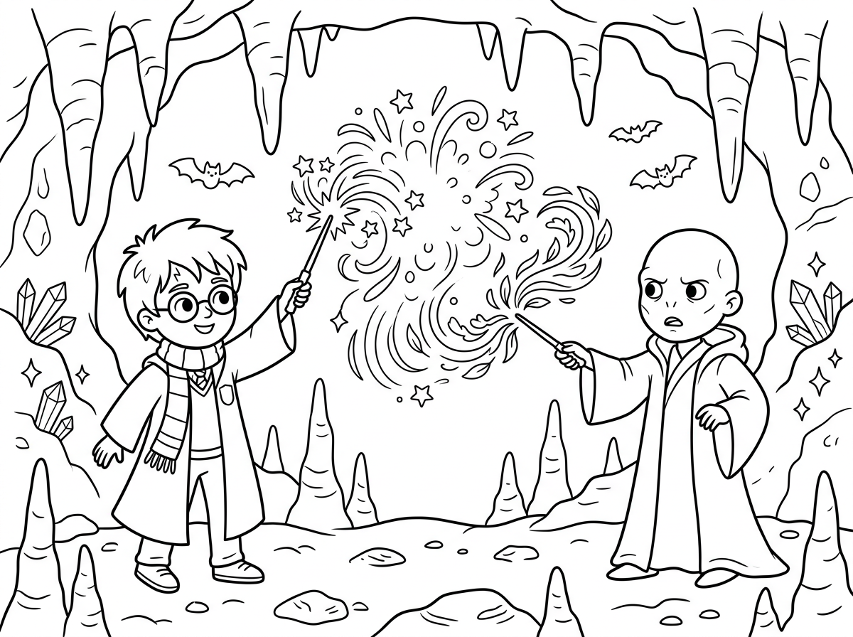 תעשה לי תמונה של הארי פוטר עושה קסם על וולדמורט במערה