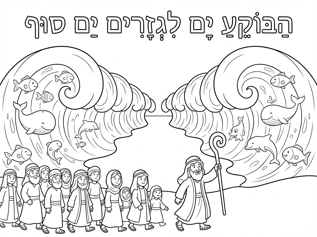 תכין דף ציור על הפסוק "הבוקע ים לגזרי ים סוף" (בהקשר של חציית יס סוף לאחר יציאת מצרים)