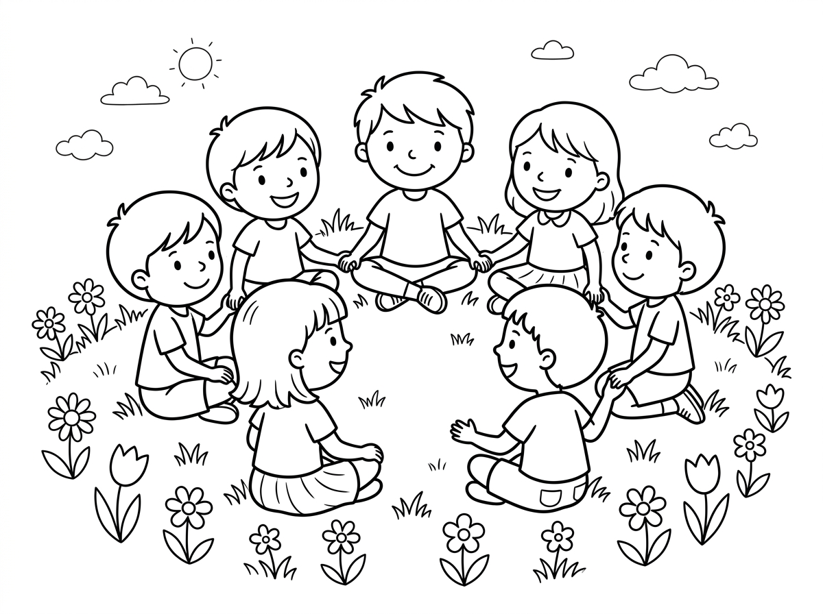 תיצור לי דף צביעה של ילדים שיושבים בדשא במעגל וסביבם יש פרחים