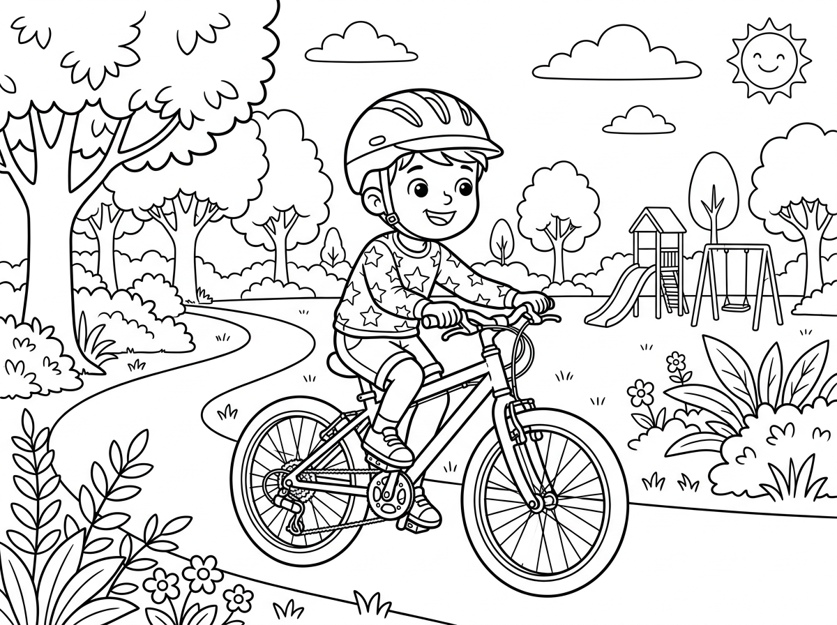 אשמח לציור של ילד נוסע על אופני הילוכים בתוך פארק