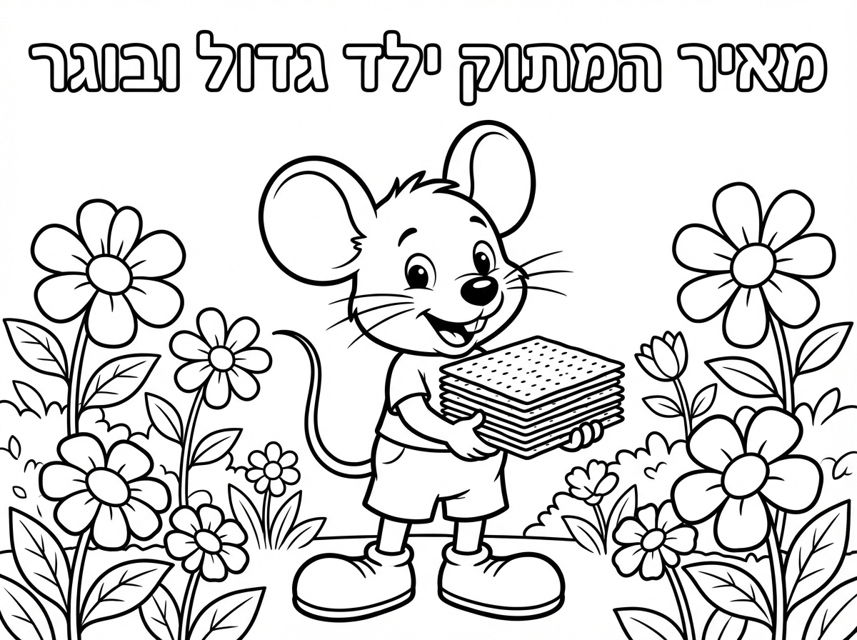 צור לי ציור של מיקי מאוס מחזיק במצות של פסח , פרחים, גינה, וכותב מאיר המתוק ילד גדול ובוגר