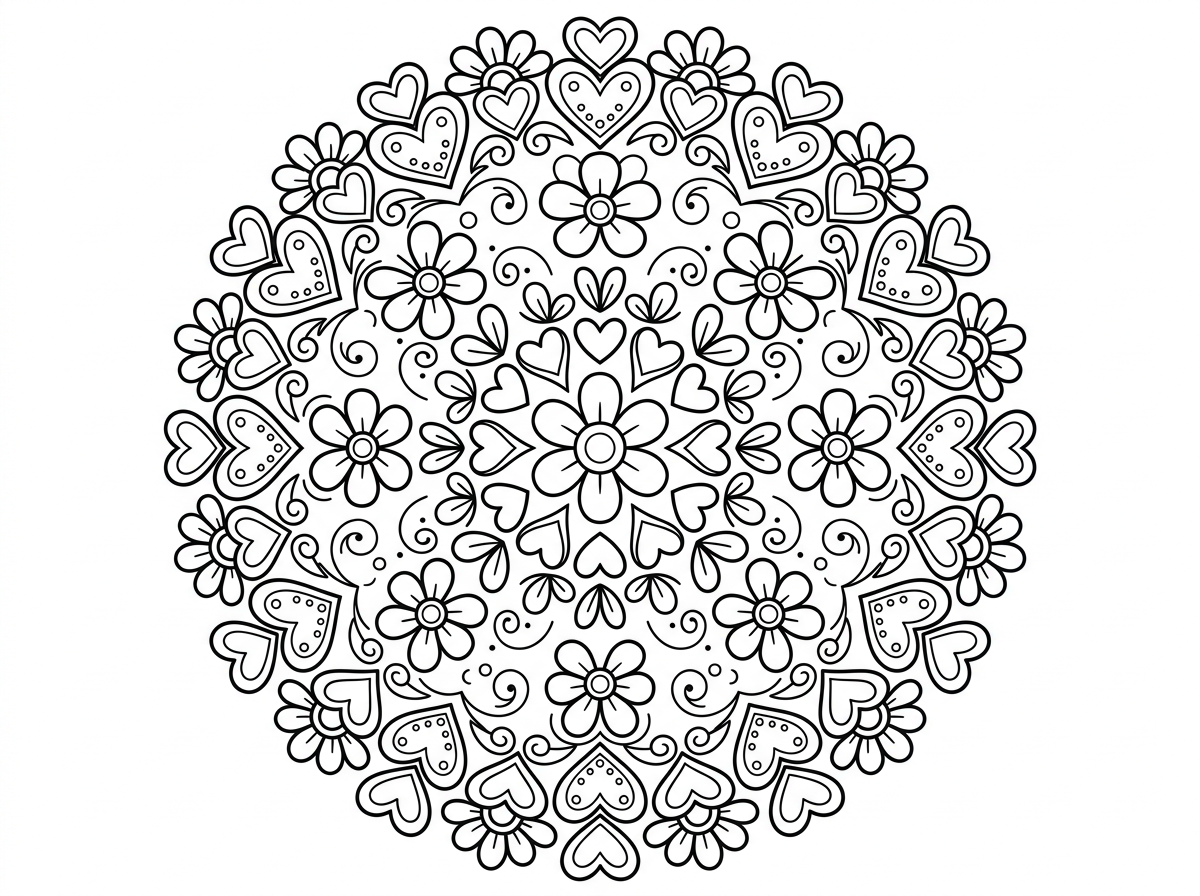 תיצור לי דף צביעה של מנדלות עם לבבות ופרחים