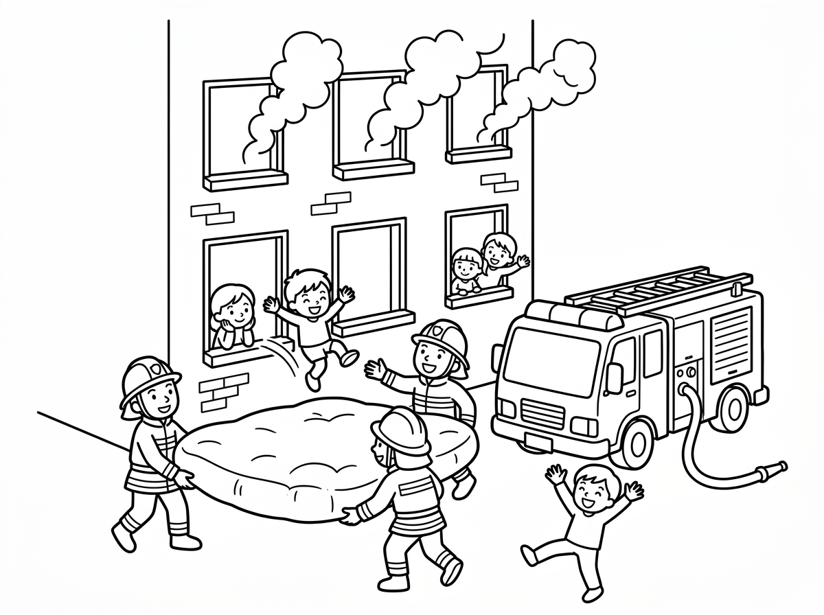 אני רוצה בבקשה תמונה של בנין שבית נשרף והכבאים פותחים מזרון מיוחד והאנשים קופצים מהחלון כדי להנצל