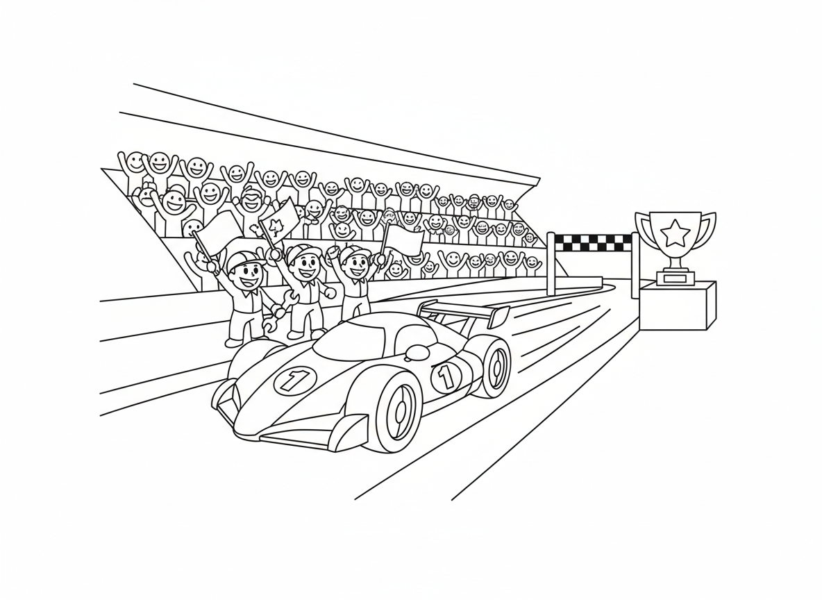 מכונית מירוצים דוהרת על מסלול - מכונית מירוצים חלקה זועמת סביב מסלול, קווי מהירות מאחור, מספר אחד בצד, צוות פיט נרגש, קו סיום משבצות, יציעים מלאי אוהדים מריעים, גביע ממתין
