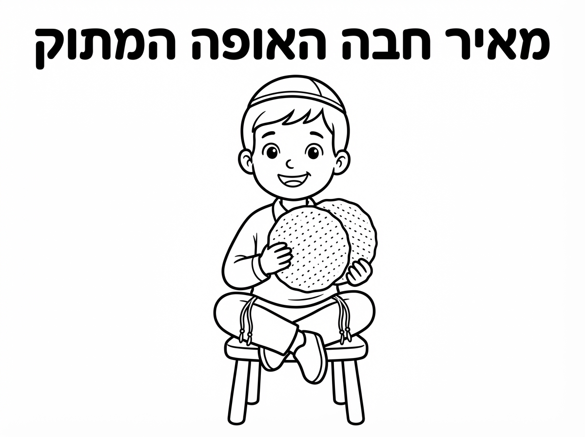 צור לי ציור של ילד עם כיפה ,וציציות בגיל 5 שקוראים לו מאיר מחזיק מצות עגולות עבודת יד , מותג מצות חבה
 ותכתוב לי מאיר חבה האופה המתוק