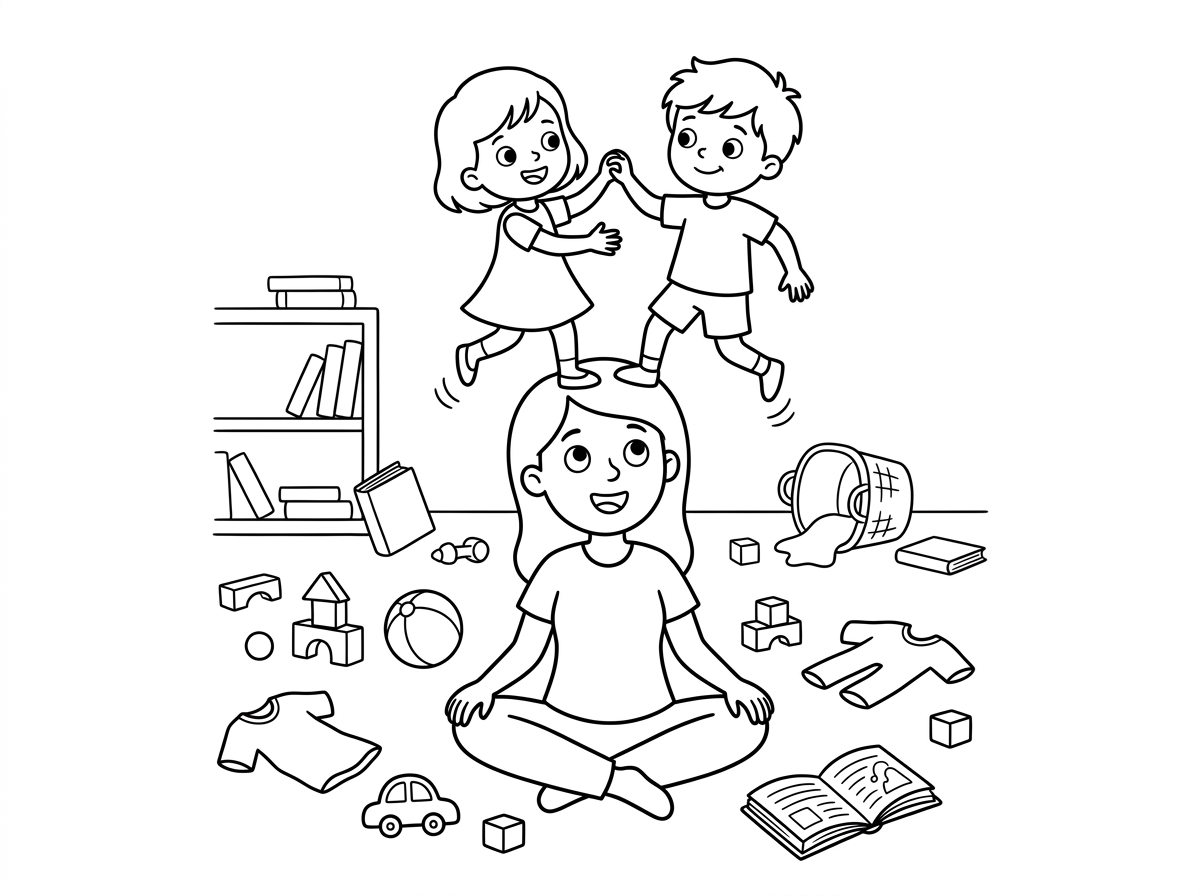 תצייר לי 2 ילדים בני 6 בן ובת שרוקדים לאמא שלהם על הראש ובבית מסביב הכל בלאגן