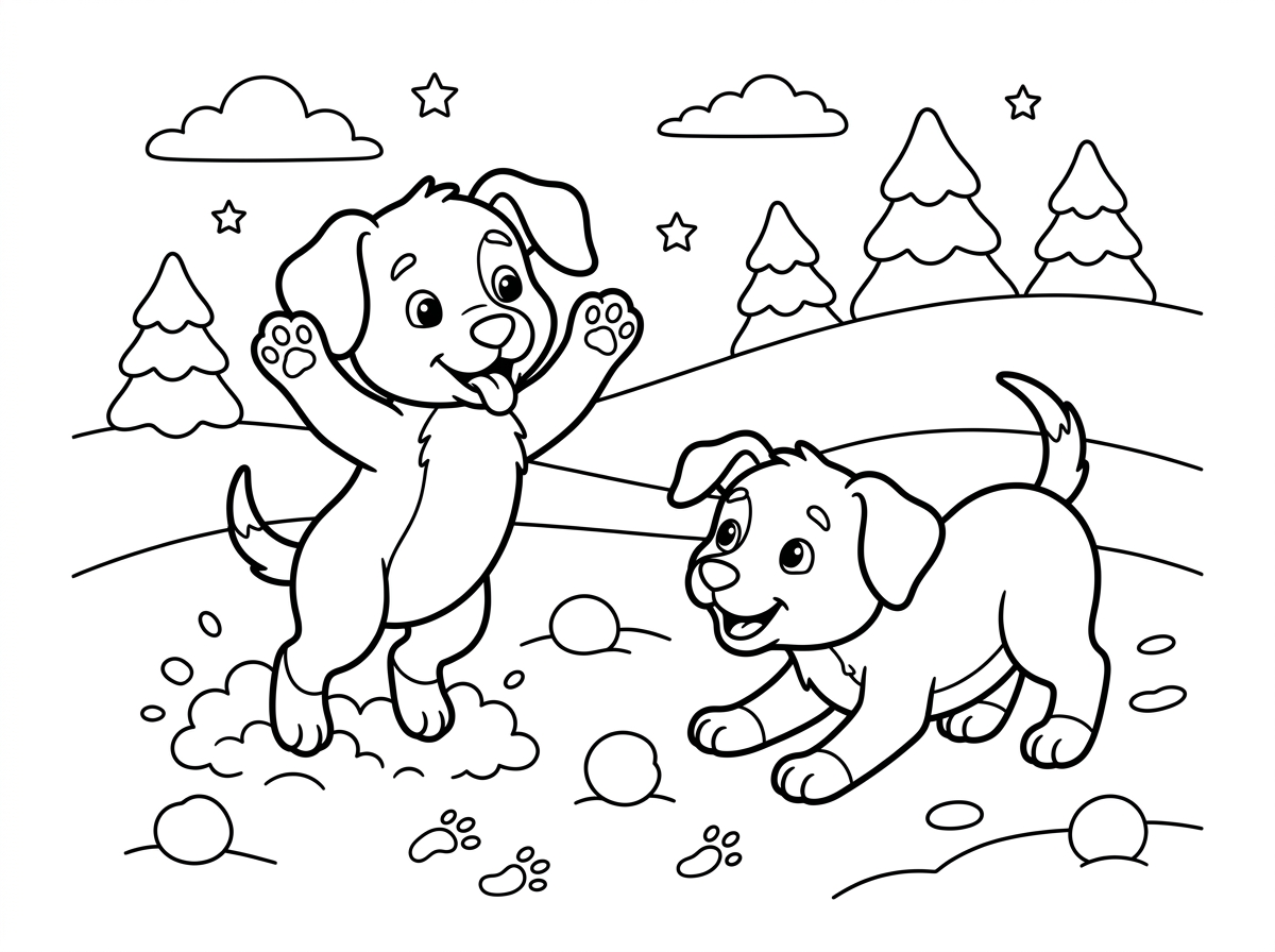 דף צביעה של כלבלבים בשלג