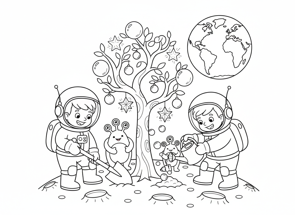 ט״ו בשבט על הירח - ילדים בחליפות חלל שותלים עצים על הירח, משקים עם בועות מים מרחפות, כלי גינון כסופים, פירות זוהרים גדלים על עצי ירח, חייזרים ידידותיים עוזרים לחפור, וכדור הארץ ברקע