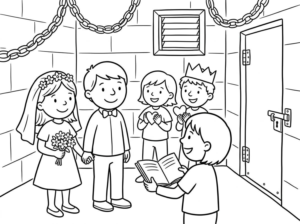 צור לי ציור של חמשה ילדים משחקים חתונה בממ"ד