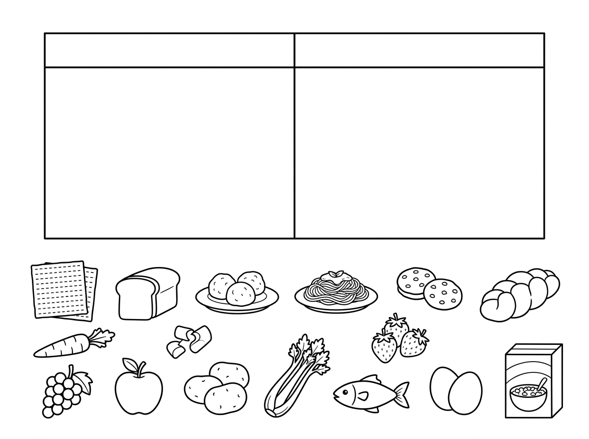 אני רוצה שתצייר לי טבלה עם 2 עמודות ריקות 
ולמטה בתחתית הדף יש תמונות של מאכלים חמץ ומאכלים כשרים לפסח