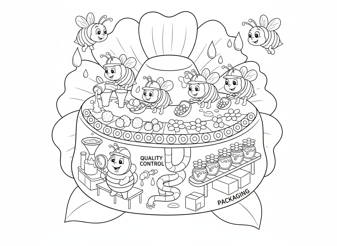 דבורים עובדות במפעל פרחים - דבורים עסוקות מנהלות מפעל דבש בתוך פרח ענק, פס ייצור עיבוד צוף, דבורות עובדות עם קסדות זעירות, דבורת בקרת איכות טועמת דבש, מסוע אבקה, אריזת צנצנות דבש