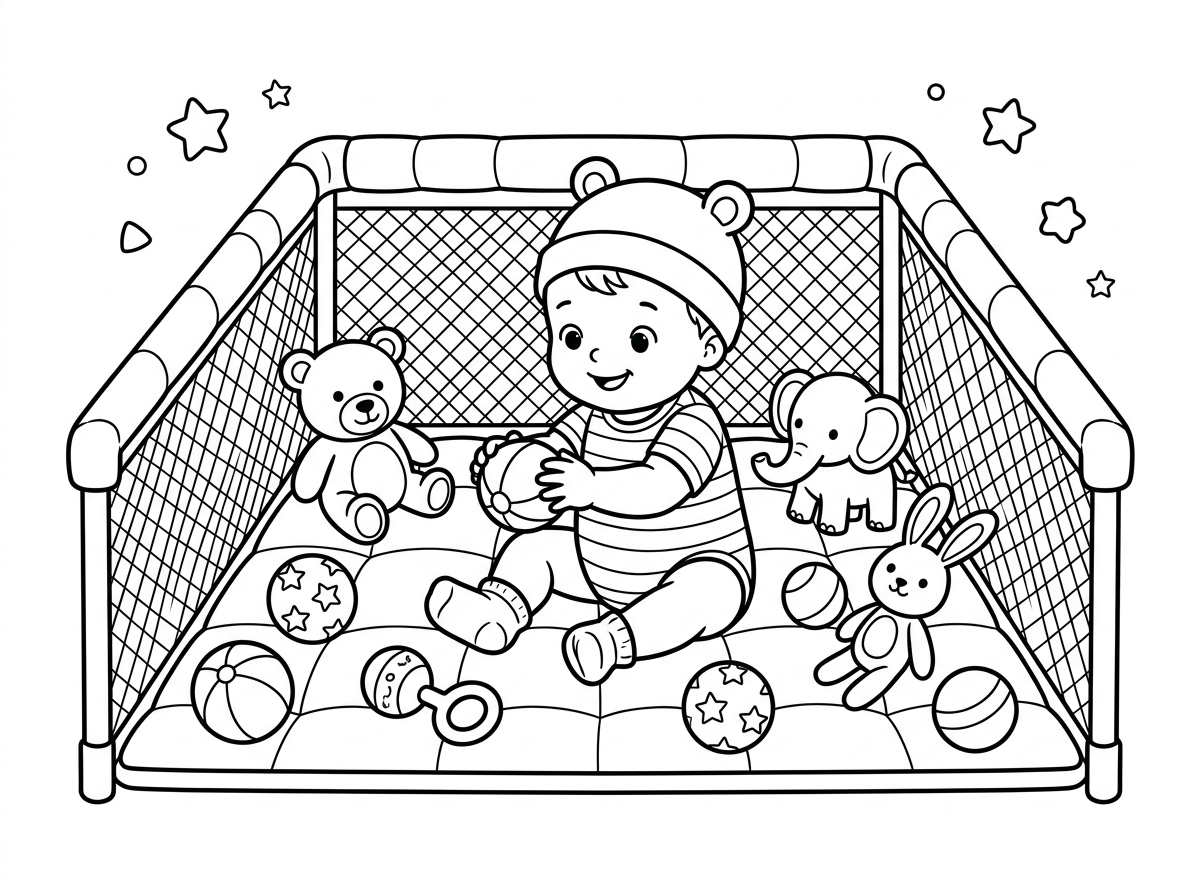 "תצרי לי בבקשה תמונה של בייבי, בן שלושה חודשים, משחק בלול"