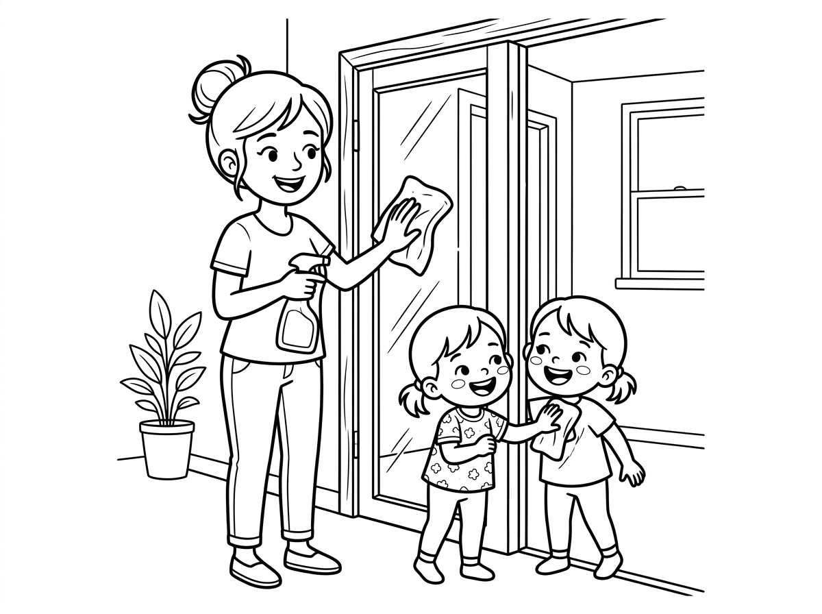אני רוצה דף צביעה שרואים אמא וילדה בת 3 מנקה את הדלתות בבית עם ספריי