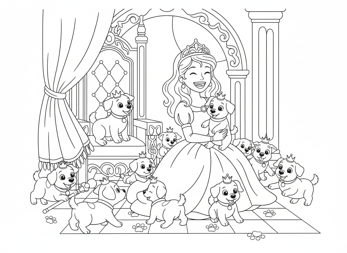 נסיכה משחקת עם גורים בחדר הכס - נסיכה צוחקת ומשחקת עם הרבה גורים חמודים בחדר כס המלכות, גורים עם כתרים זעירים, גור אחד על הכס, אחר מסובך בווילון מלכותי, טביעות כפות בכל מקום