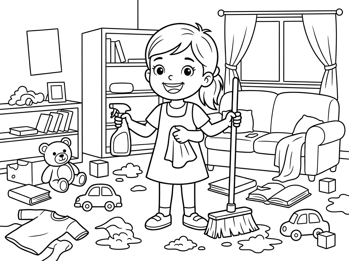 תמונה של בית מבולגן על ילדה שמחה באה עם מטאטא וחומרי ניקוי