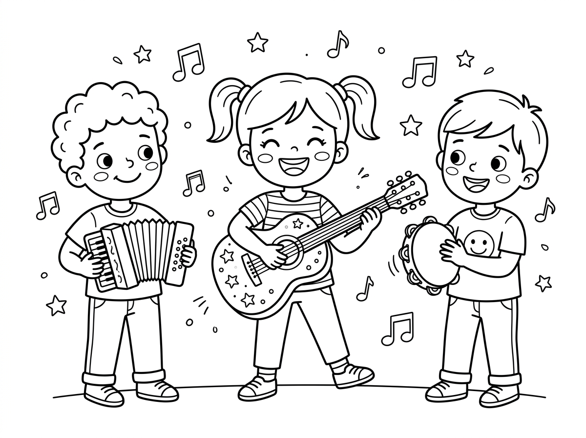 יכול לייצר לי ציור של,ילדים שמחים עם כלי נגינה בידיהם?