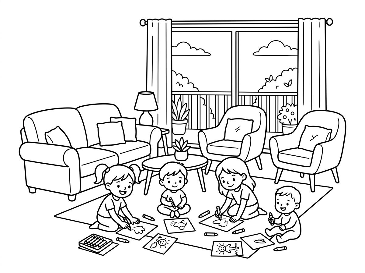 תצייר לי סלון של בית עם פינת ישיבה עם כסאות יפים, עם ספה, עם חלון גדול יציאה למרפסת 
ו-4 ילדים מגיל שנתיים עד 8 מציירים על דפים שעל הריצפה