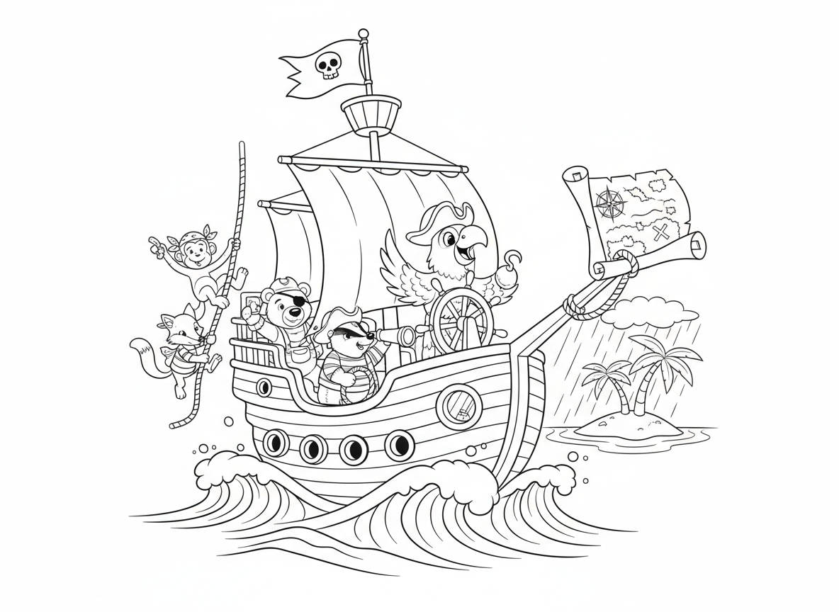 ספינת פיראטים שטה בים סוער - ספינת פיראטים מפוארת עם דגל גולגולת שטה בגלים סוערים, תוכי קפטן בהגה, מפת אוצר עפה ברוח, תותחים מוכנים, צוות פיראטים חיות, אי עם דקל במרחק