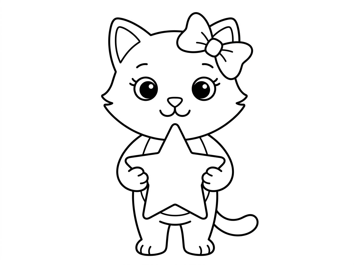 דף צביעה של הלו קיטי.  שהיא תחזיק כוכב  עם הידיים באמצע הגוף שלה