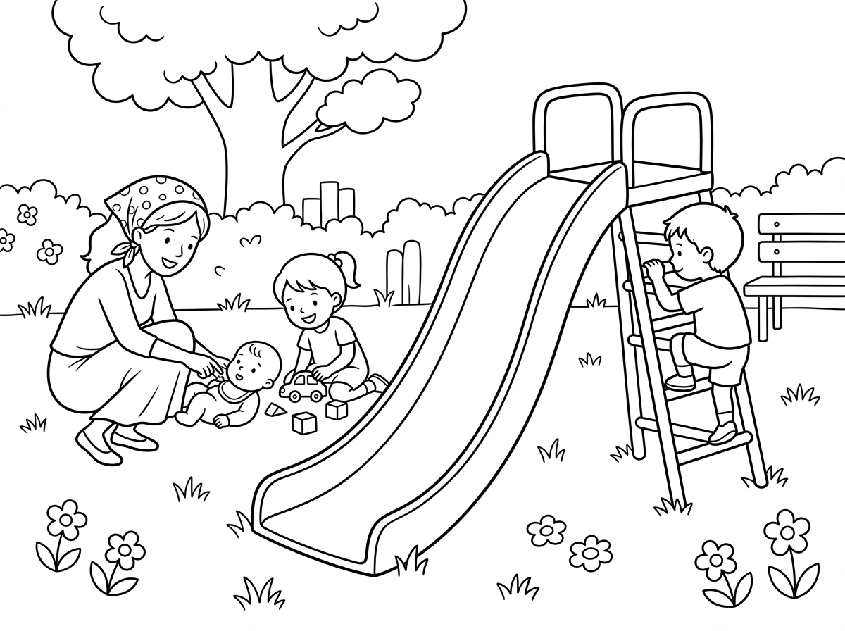 אם אפשר דף צביעה של ילד מתוק בן שנתיים משחק בגינה ועולה בסולם למגלשה גבוהה
וגם אחותו בת 3 משחקת איתו 

ותינוק בן 9 חודשים שוכב על הדשא בגינה 
ואמא עם מטפחת וחצאית מחייכת אל התינוק