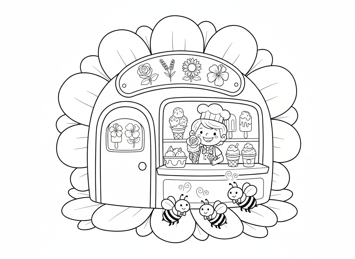 חנות גלידת פרחים - חנות גלידה שכל טעם הוא פרח, גלידת ורד, סורבה לבנדר, סאנדיי חמנייה, ארטיק היביסקוס, גביעים בצורת פרח, לקוחות דבורים מזמזמים בהתרגשות