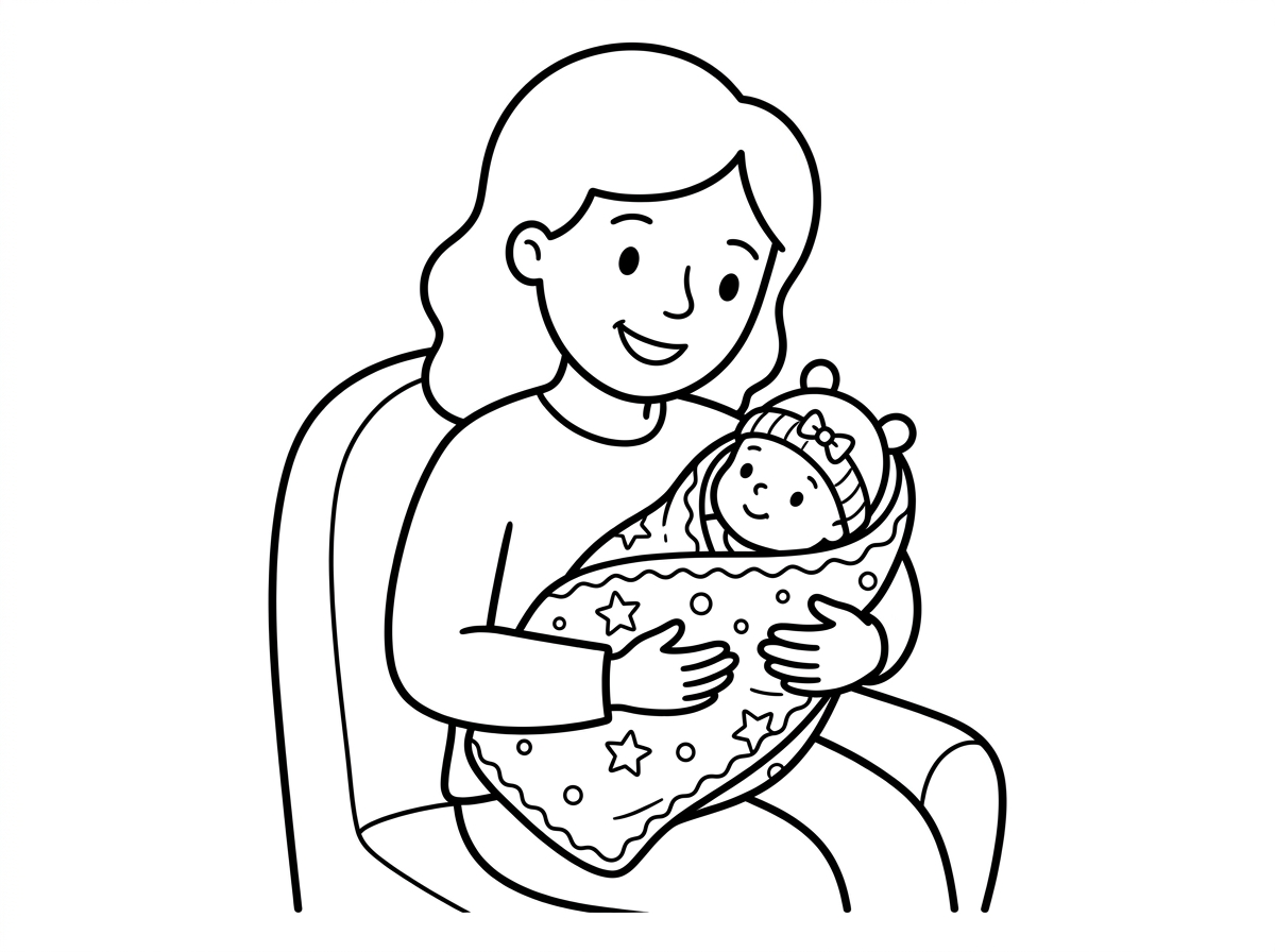 אני רוצה דף צביעה של תינוקת קטנה שנולדה בידיים של אמא שלה