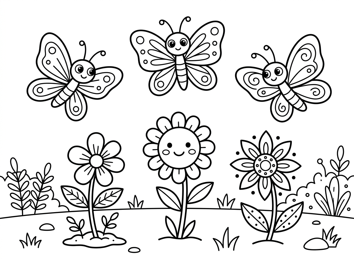 אני רוצה דף של 3 פרפרים חמודים ו3 פרחים בגינה