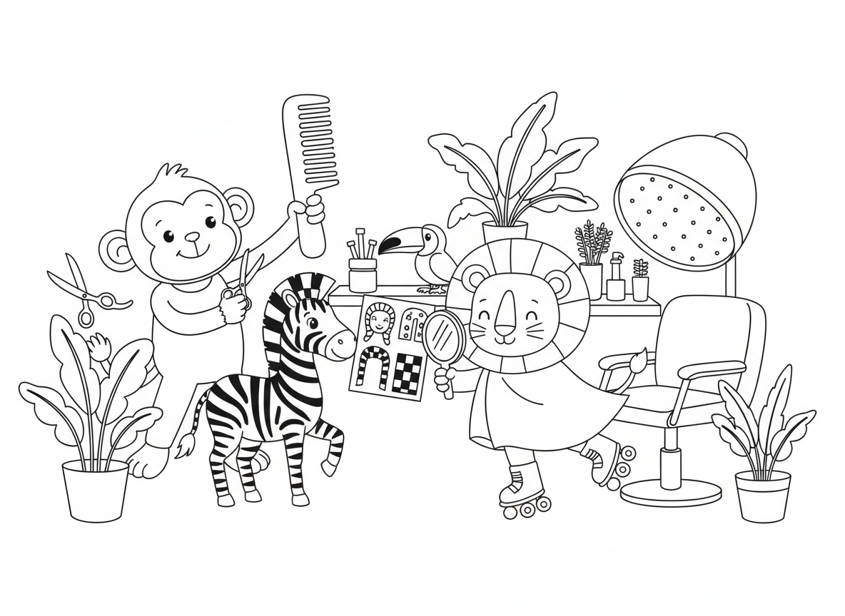 מספרה לחיות ג’ונגל
אריה עם גלגיליות, קוף ספר עם מסרק ענקי, וזברה שבוחרת תסרוקת משבצות חדשה.