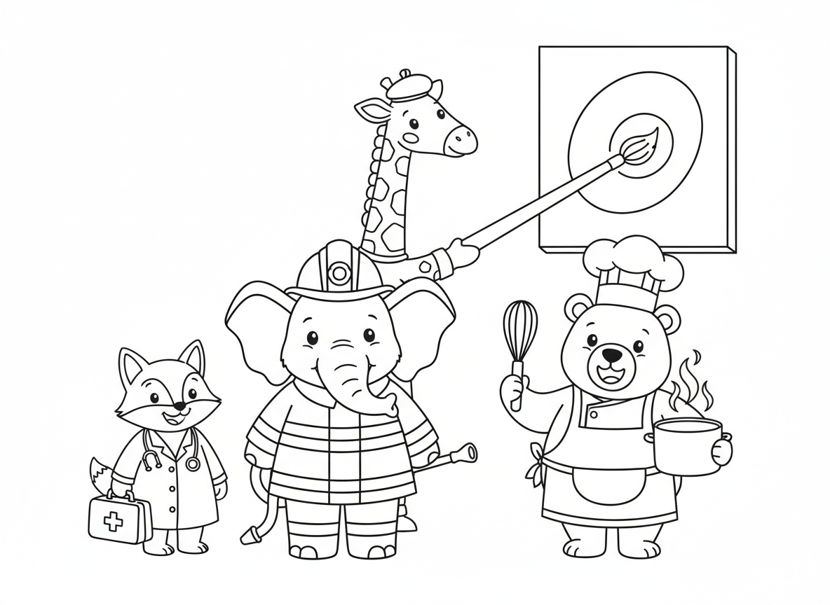 גן חיות של מקצועות
פיל כבאי, שועל רופא, דוב טבח, וג’ירפה ציירת עם מכחול ארוך במיוחד.