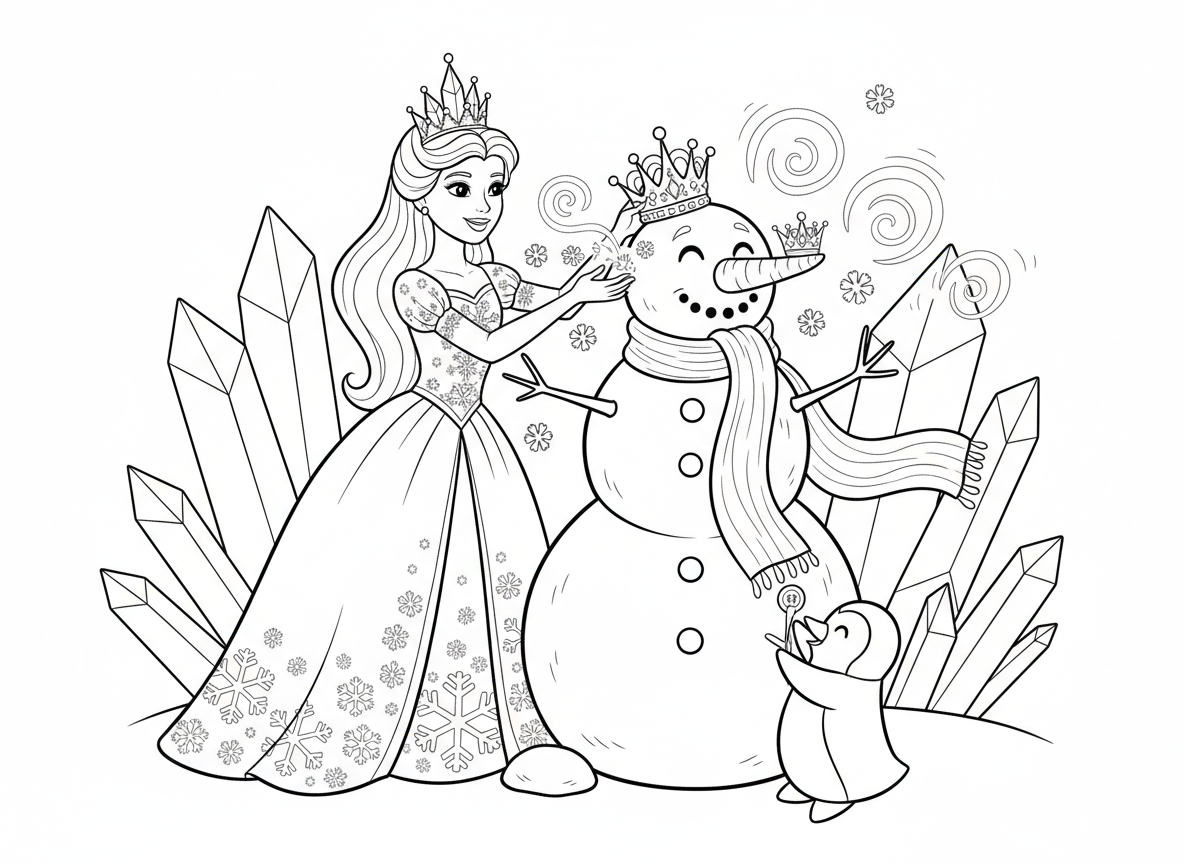 נסיכת שלג בונה איש שלג - נסיכת חורף בונה איש שלג מפואר עם כתר, צעיף עשוי זוהר צפוני, אף גזר עם נזר זעיר, פינגווינים עוזרים, קסם פתיתי שלג מהידיים, עצי קריסטל קרח