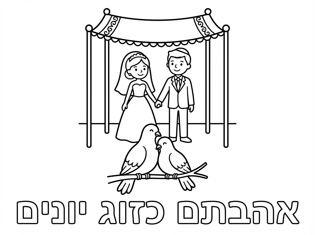 חתן וכלה ביום חופתם למטה זוג יונים וכתוב אהבתם כזוג יונים