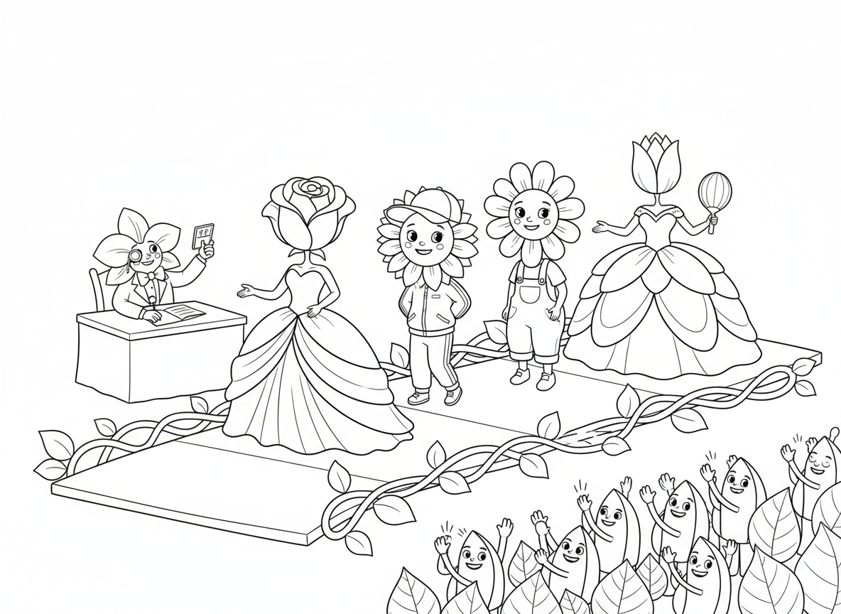 תצוגת אופנה של פרחים - פרחים הולכים על מסלול בתצוגת אופנת גינה, ורד בשמלת ערב אלגנטית, חמנייה בתלבושת ספורטיבית, חיננית בלבוש יומיומי, צבעוני בשמלת נשף, סחלב כשופטת, קהל עלים מוחא כפיים