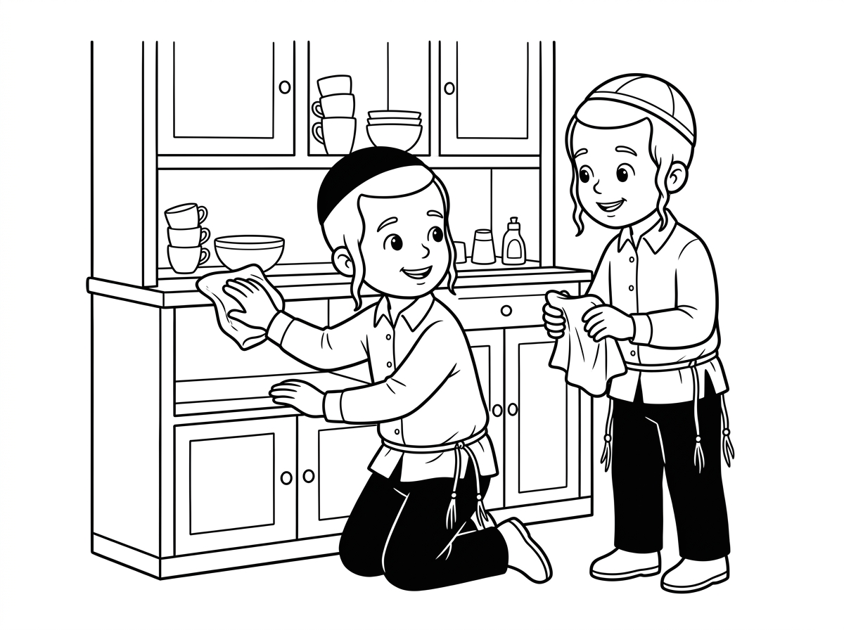 דף צביעה של 2 ילדים חרדים שמנקים ארון