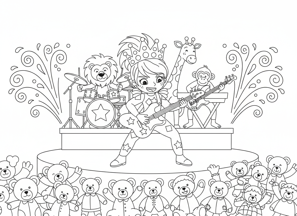 נסיכה רוק סטאר על הבמה - נסיכה מנגנת גיטרה חשמלית על במת קונצרט, כתר עם אורות לד, תלבושת רוק נוצצת, להקה של חיות מוזיקאיות, קהל דובונים ובובות, זיקוקי אבקת פיות