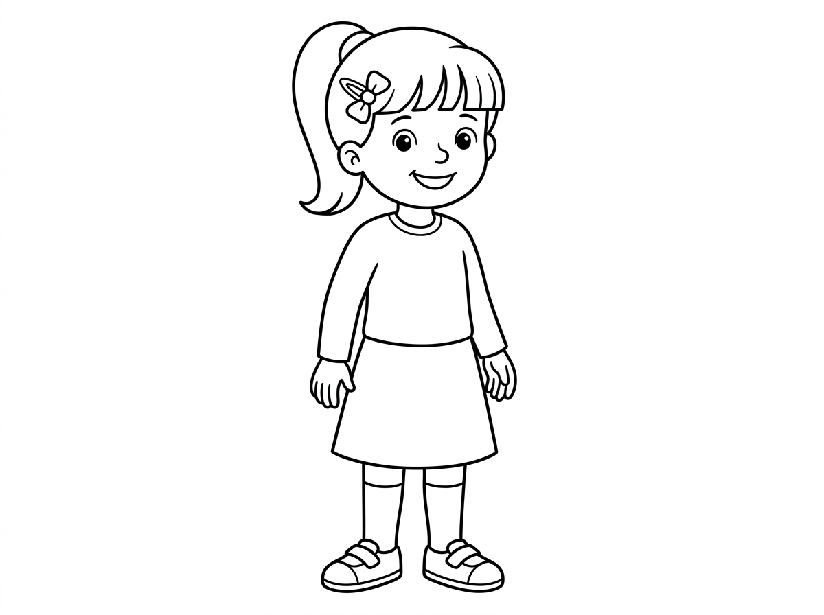 תכין לי דף צביעה שמצויר עליו ילדה שיש לה סיכה עם סרט וגם קוקו ופוני ושער וחולצה עם שרוולים ארוכים וחצאית שמכסה את הברך וגרבים שמכסות את הברך ונעלים עם סקוצ'ים