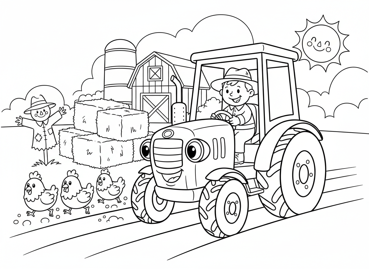 טרקטור עובד בחווה - טרקטור גדול וידידותי עם פרצוף מחייך חורש שדה בחווה, חקלאי נוהג, תרנגולות רצות לצד, חבילות חציר ברקע, אסם וממגורה, דחליל מנופף, שמש זורחת