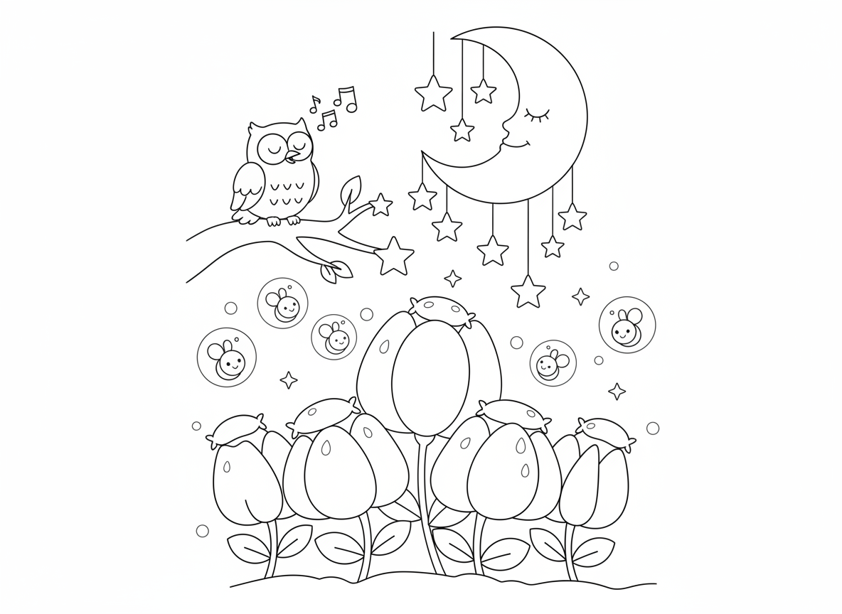 גן פרחים ישנים בלילה - גן פרחים שליו בלילה עם פרחים ישנים, עלי כותרת סגורים כשמיכות, טיפות טל ככריות, גחליליות כנורות לילה, ירח שומר עליהם, כוכבים כמובייל מעל, ינשוף שר שיר ערש