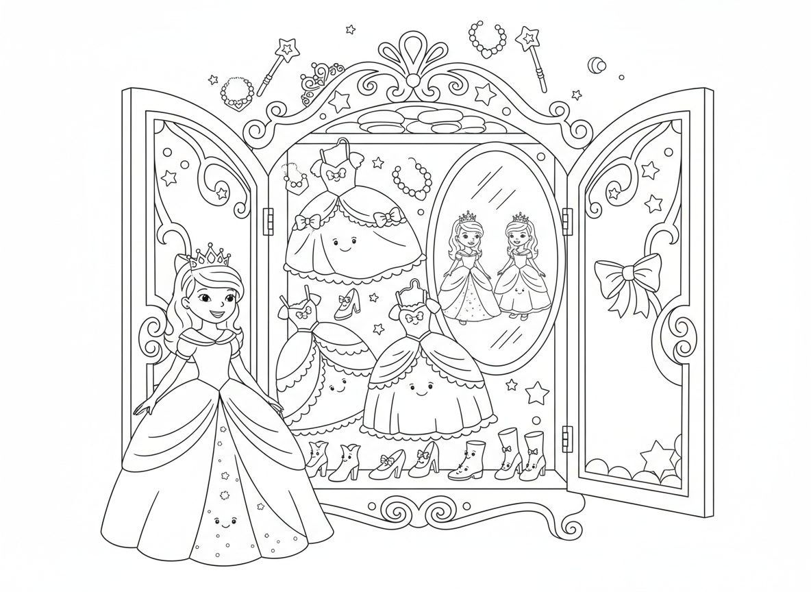 נסיכה והארון הקסום שלה - נסיכה פותחת ארון בגדים קסום ענק מלא שמלות נוצצות שמרחפות ורוקדות בעצמן, נעליים מהלכות מסביב, אביזרים עפים, מראה מציגה שילובי תלבושות שונים