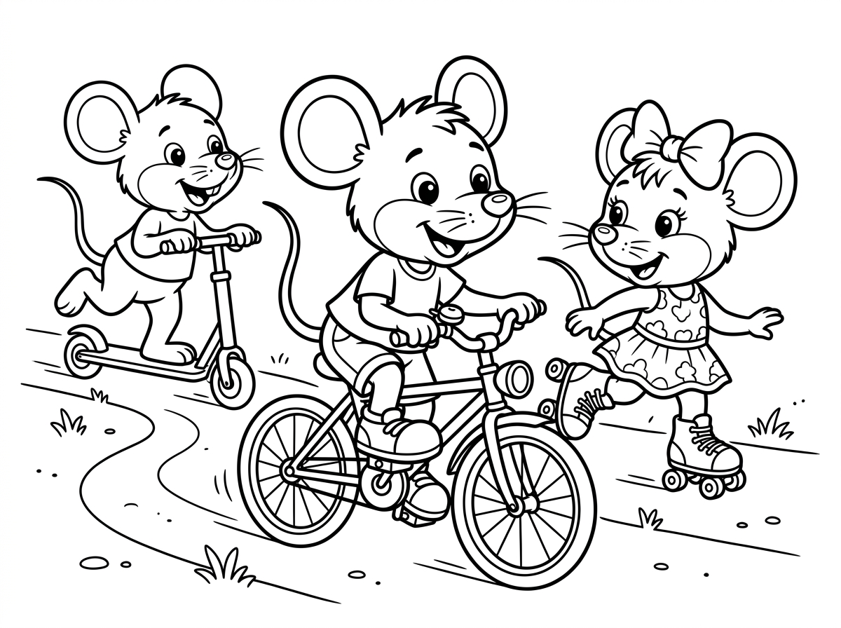 ציור של מיני מאוס ומיקי מאוס על אופניים ועם סקטים ועם קורקינט עם גלגיליות.